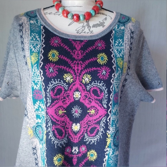 Akemi+Kin Anthropologie Kaleidoscope Sweater Dress Short Sleeve Floral Grey Sz.L - Picture 6 of 12